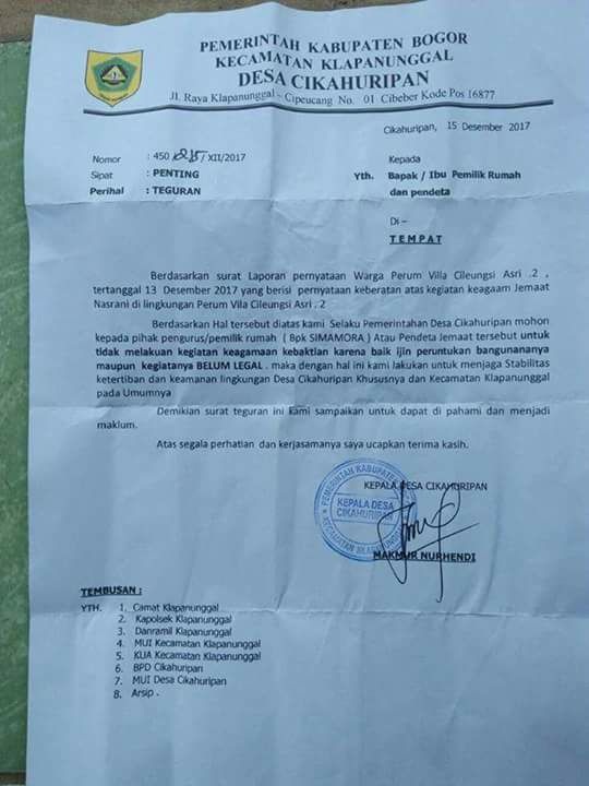 Surat Larangan beribadah oleh Kades Cikahuripan